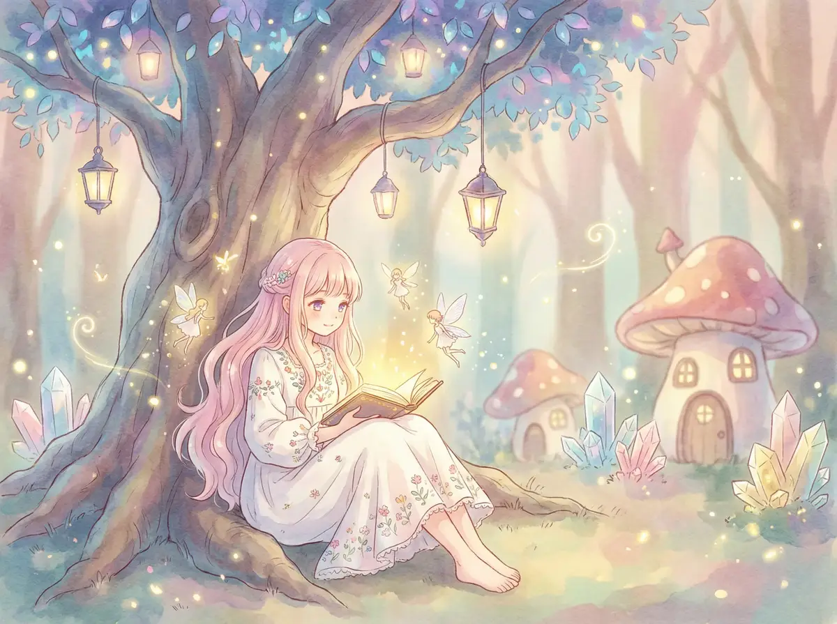 淄博妇科医院 - 魔法森林中阅读故事书的粉发少女与精灵